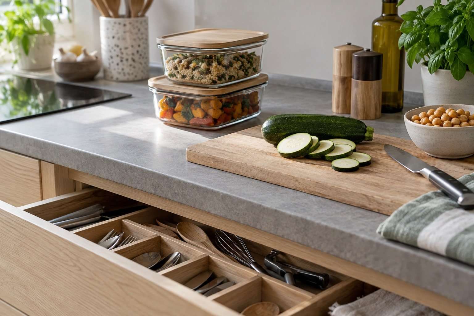 Recipientes de cocina apilados junto a un cajón abierto en una encimera pequeña.