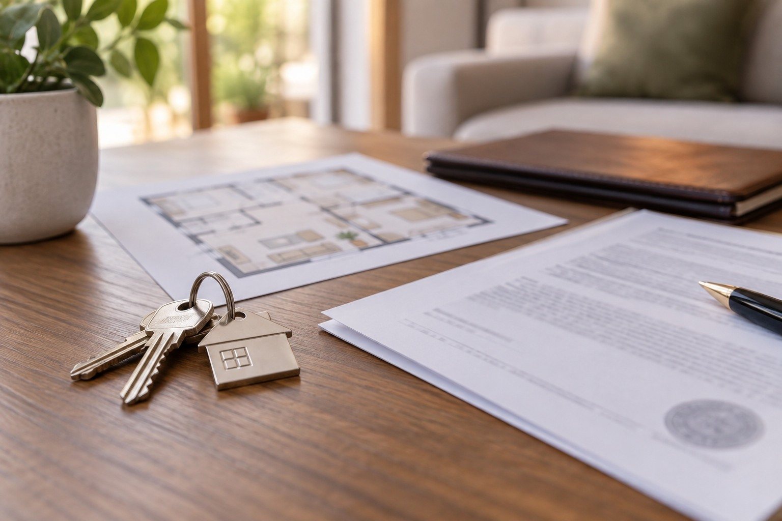 Detalle de llaves, plano de una vivienda y documentos registrales sin información legible, con ambiente sereno